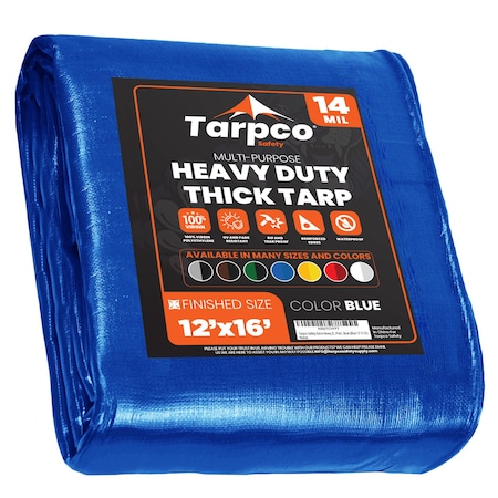 Tarpco Safety Heavy Duty Tarp, 16 ft L x 0.5 mm H x 12 ft W, 14 Mil, Blue, Polyethylene TS-105-12X16